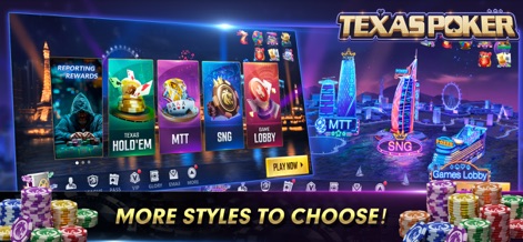 Texas Poker:Texas Holdem Game - Esta tela inicial convida os usuários a selecionar entre diferentes modos como "Texas Hold'em" e "MTT", exibidos em cartões destacados sobre uma paisagem noturna da cidade.