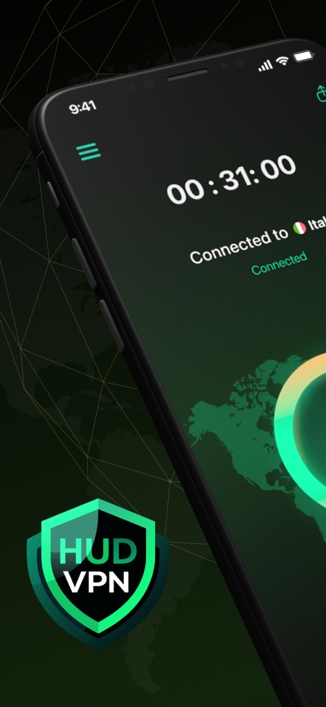 HUD VPN - Unlimited & Secure - Users can monitor their active VPN session through an immediate connection status displaying the country and a clear, real-time session timer.