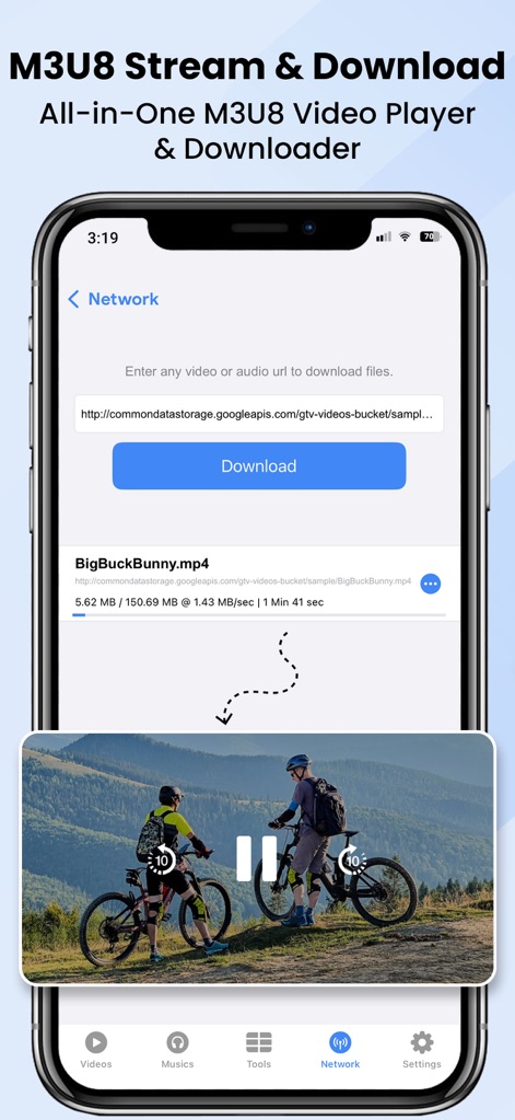 Video Player : All-in-One - This tool allows users to effortlessly download videos directly from URLs with a progress indicator, while also providing integrated playback functionality for network streams.