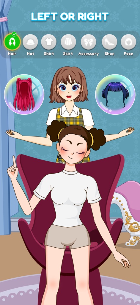 Star Style: Left Right Fashion - Users engage with the interactive choice interface to pick between distinct hair options, guided by the clear category selection menu.