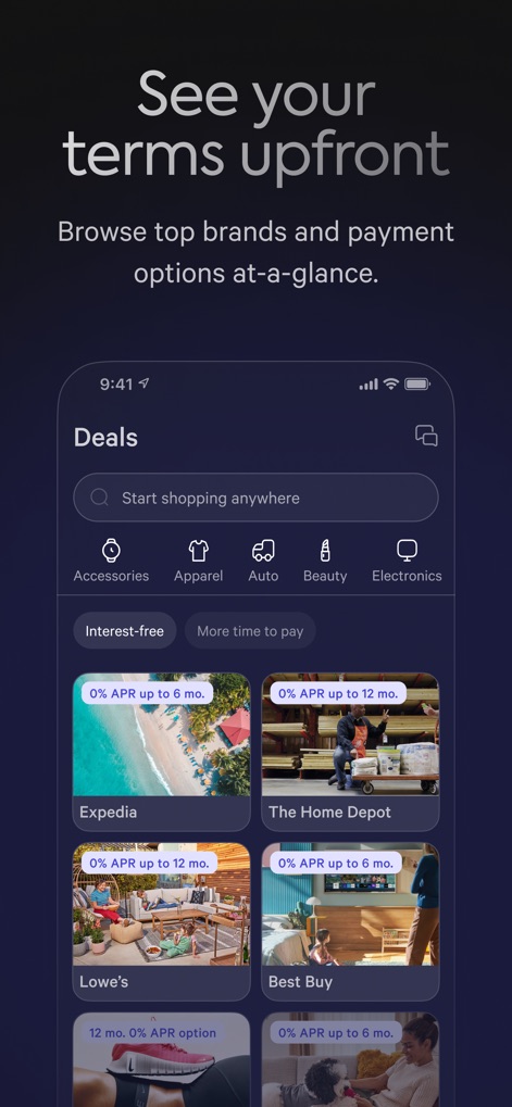Affirm: Buy now, pay over time - The app's 'Deals' section showcases transparent payment options like 0% APR on offers from major retailers such as Expedia and The Home Depot, allowing users to browse terms upfront.