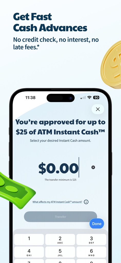 ATM Cash Advance・Instant Money - この画面では、ユーザーは承認された「インスタントキャッシュの限度額」と、送金したい具体的な金額を入力するための「数字パッド」を視覚的に確認できます。