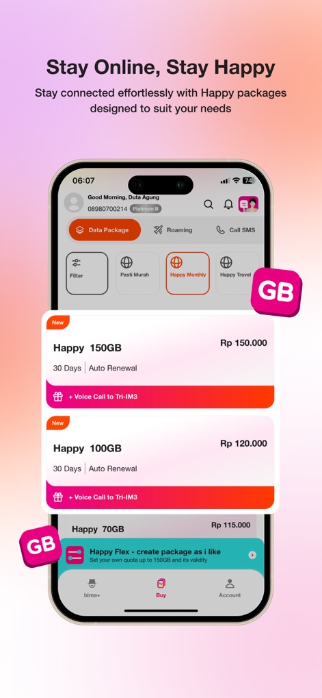 bima+ - The app presents a diverse range of "Happy Monthly" data packages, clearly displaying specific data allowances and pricing for effortless selection.