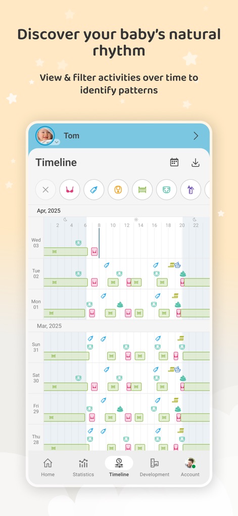 Baby Daybook - Newborn Tracker - Users can view and filter a detailed activity timeline, revealing consistent patterns in feeding and sleep routines over time.
