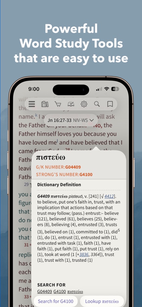 NIV Bible App + - The app provides powerful word study tools, instantly revealing Greek definitions and Strong's numbers for precise understanding.