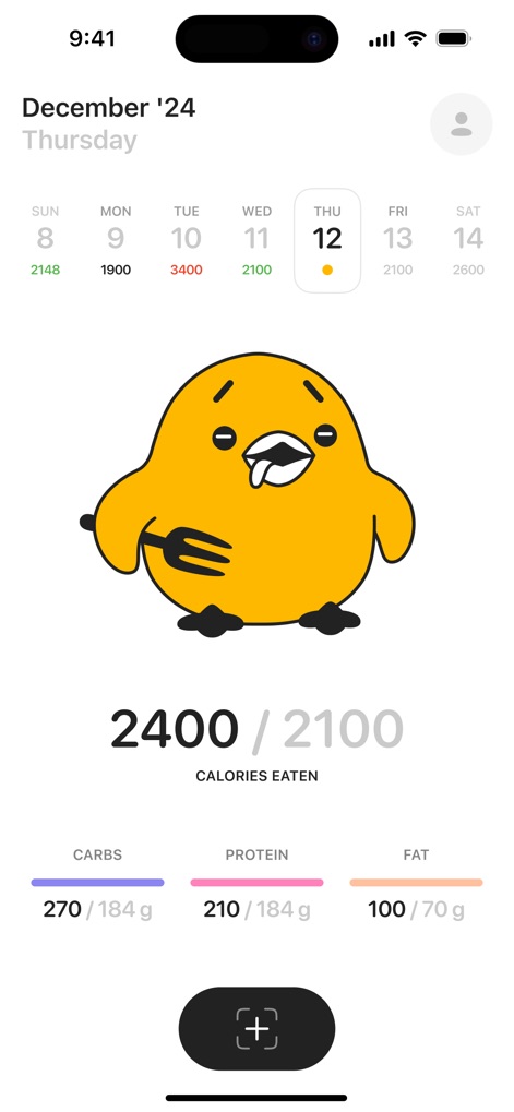 Calz - Calorie Counter AI - L'application fournit un aperçu quotidien des calories consommées, avec une mascotte interactive qui réagit aux apports, complété par un récapitulatif précis des macronutriments.