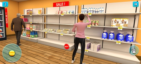 Supermarket Cashier Girl Games - Users can manage supermarket aisles, identify special offers with prominent 'SALE!' signs, and ensure shelves are fully stocked with detailed items.