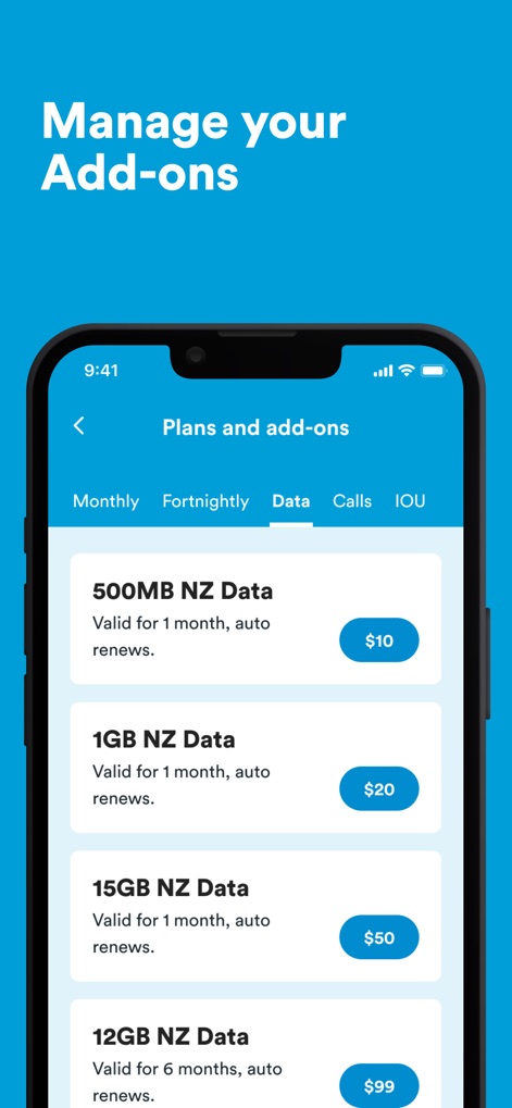 2degrees NZ - The app provides a comprehensive list of available data add-ons with their respective prices and allows users to filter options by payment frequency like 'Monthly' or 'Fortnightly'.