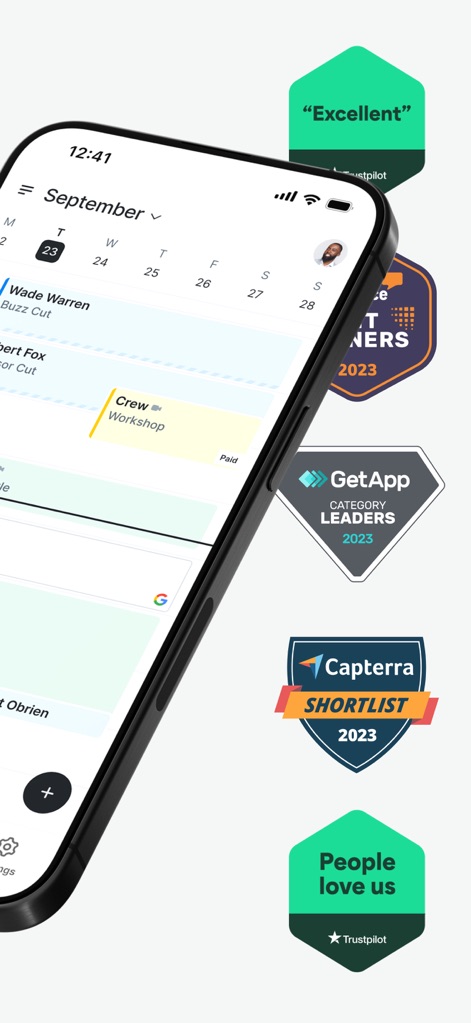 Setmore Appointment Scheduling - Explore the highly-rated interface, featuring a clear monthly calendar view for scheduling, underscored by prestigious recognition badges from GetApp and Capterra.