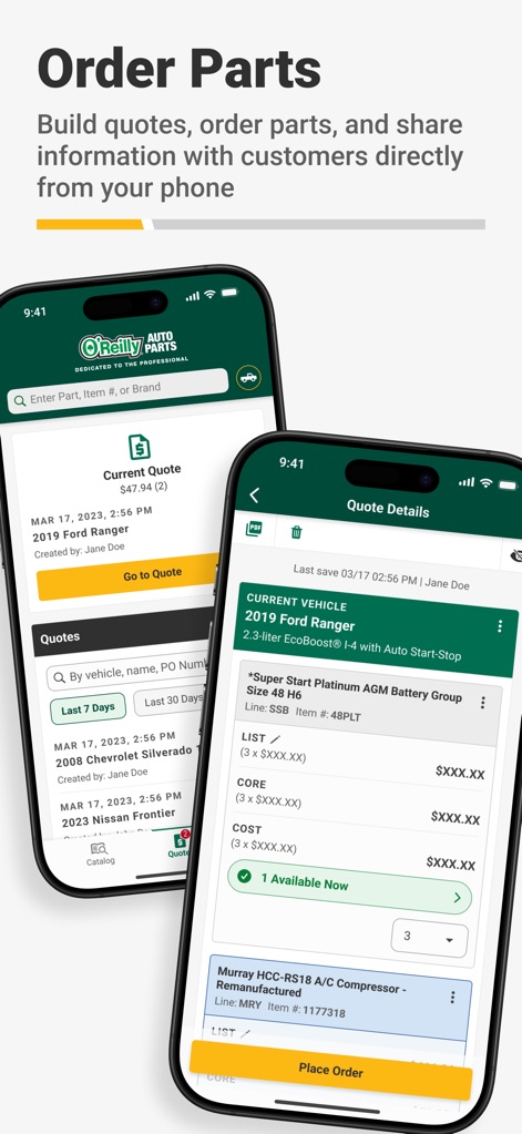 O'Reilly Pro - This tool facilitates customer communication by enabling quick quote generation via text or email, and simplifies operations with clear order tracking features.
