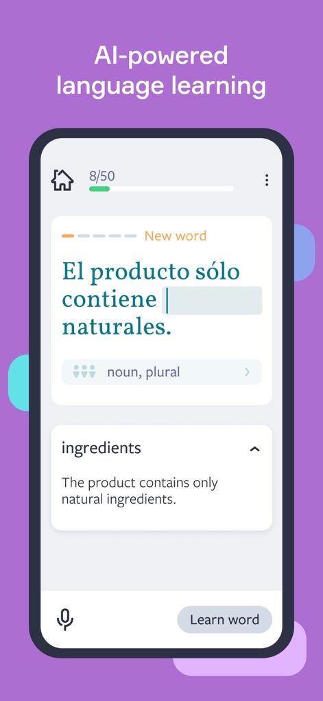 Lingvist: Learn Languages Fast - Observe la interfaz de aprendizaje donde los usuarios interactúan con frases incompletas para rellenar, mientras que la traducción contextual de vocabulario facilita la comprensión de nuevas palabras.