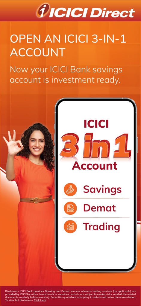 ICICI Direct-Stocks F&O MF IPO - The app streamlines financial management by clearly integrating 'Savings', 'Demat', and 'Trading' accounts into one accessible platform.