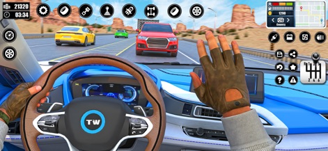 City Driving School Car Games - La vista en primera persona ofrece a los usuarios una cabina detallada con un volante de cuero y un paisaje árido con montañas en la distancia.