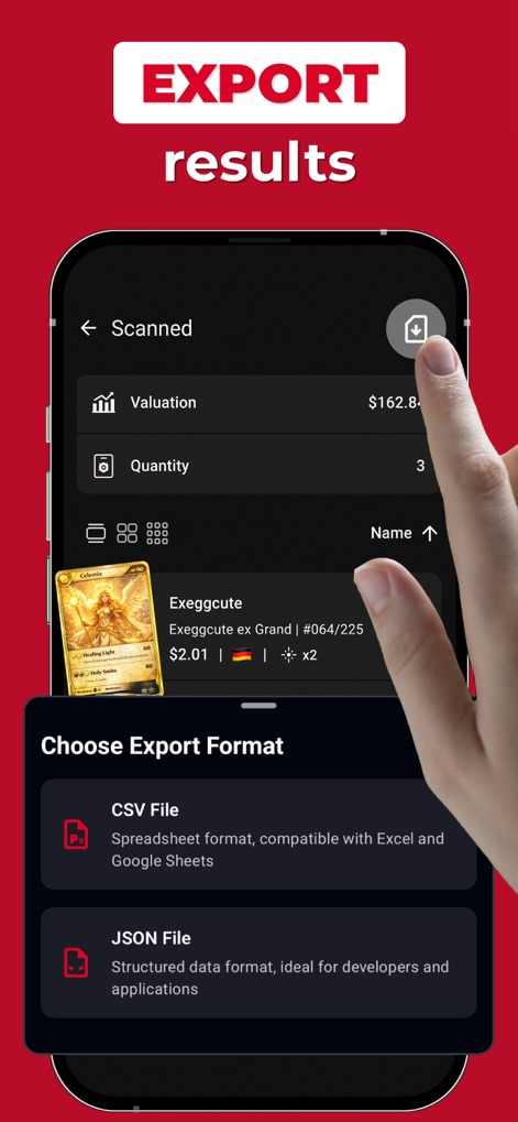 MonPrice Collector & Scanner - Die App bietet die Möglichkeit, Scan-Ergebnisse und Sammlungsdaten zu exportieren, wobei "CSV File" und "JSON File" als Formate für die weitere Nutzung verfügbar sind, wie am Beispiel der Karte "Exeggcute ex Grand" gezeigt.