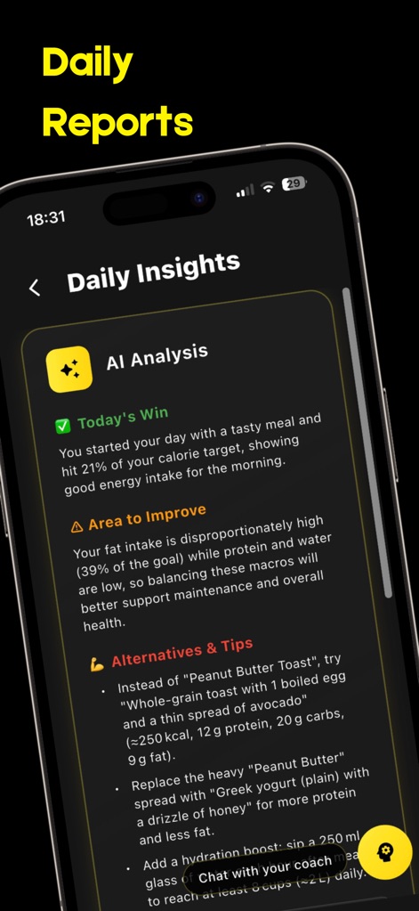 Cal Plus - AI Calorie Tracker - This feature delivers daily insights, highlighting 'Today's Win' and offering 'Area to Improve' sections with actionable tips.