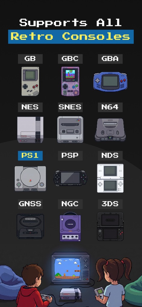 Game Emulator: GamePod Emu - The app demonstrates extensive compatibility across a multitude of retro platforms, showcasing beloved consoles from the Game Boy Color to the Nintendo 3DS with pixel-art flair.