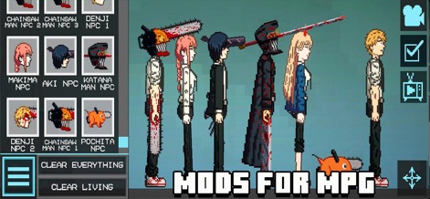Mods For Melon Ragdoll Game - Users can effortlessly select from an array of iconic pixel art characters, such as Denji and Makima, and instantly reset their creations with the "Clear Everything" button.