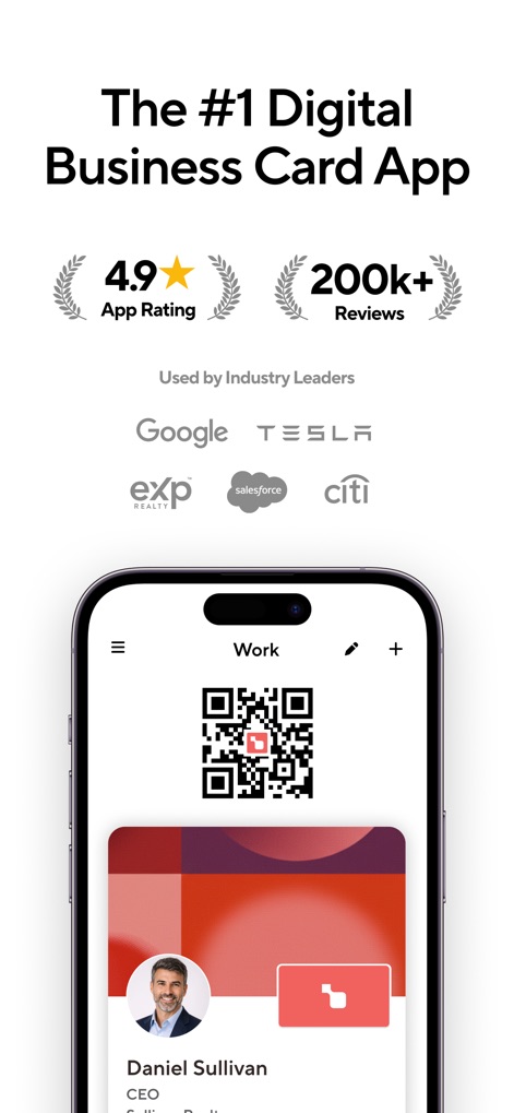 Blinq: Digital Business Card - The app demonstrates its industry leadership through the prominent 4.9 app rating and showcases the core digital card with a scannable QR code.
