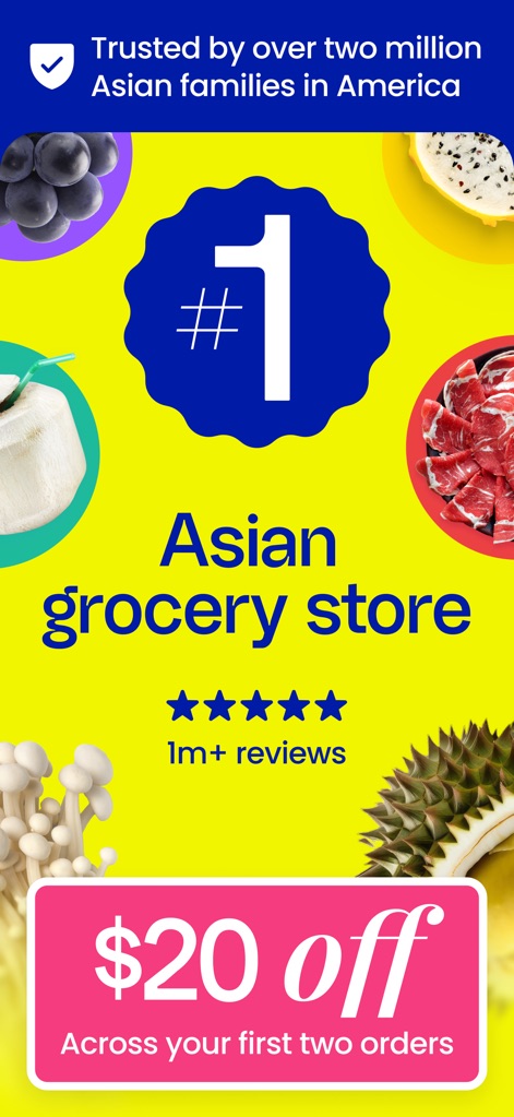 Weee! #1 Asian Grocery App - Discover how the app builds trust with its prominent 'Trusted by over two million Asian families' endorsement and entices new users with a generous '$20 off' initial offer.