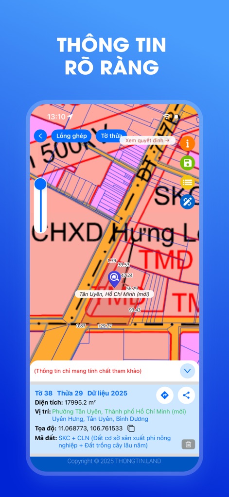 Thongtin.land- - The app offers in-depth parcel information, including specific land area measurements and precise geographic coordinates, crucial for property analysis.