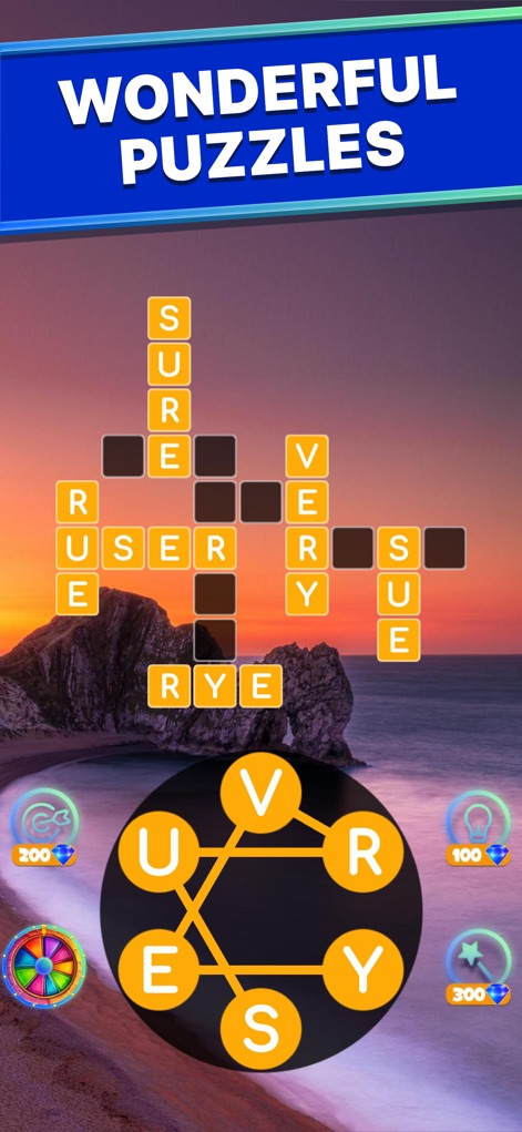 Calming Word Tour - Esta sección muestra puzzles asombrosos en un impresionante paisaje costero, donde los usuarios conectan las letras mediante enlaces visibles para formar palabras.