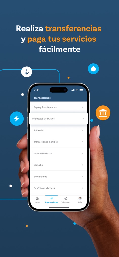 Banreservas - La galería expone el menú de "Transacciones", con funciones específicas como "Pagos y Transferencias" y "TuEfectivo", diseñado para operaciones diarias rápidas y seguras.