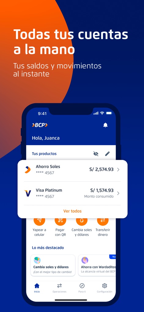 Banca Móvil BCP - Users can effortlessly view their financial standing, with clear displays for "Ahorro Soles" balances and immediate access to quick actions like "Transferir dinero".