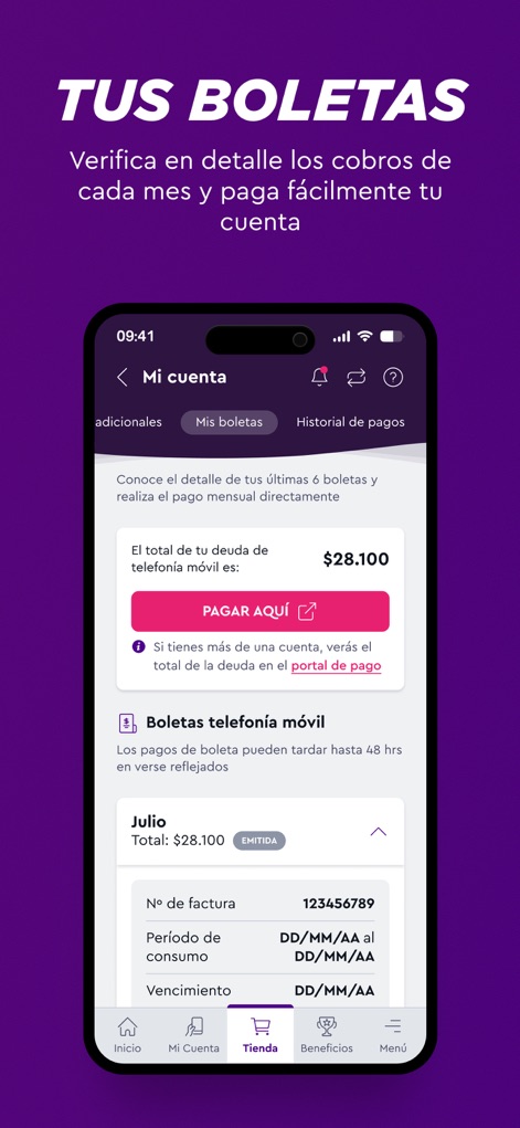 WOM (Chile) - Users can effortlessly manage their accounts, viewing the total mobile telephony debt with a clear payment button and detailed monthly invoice breakdowns.