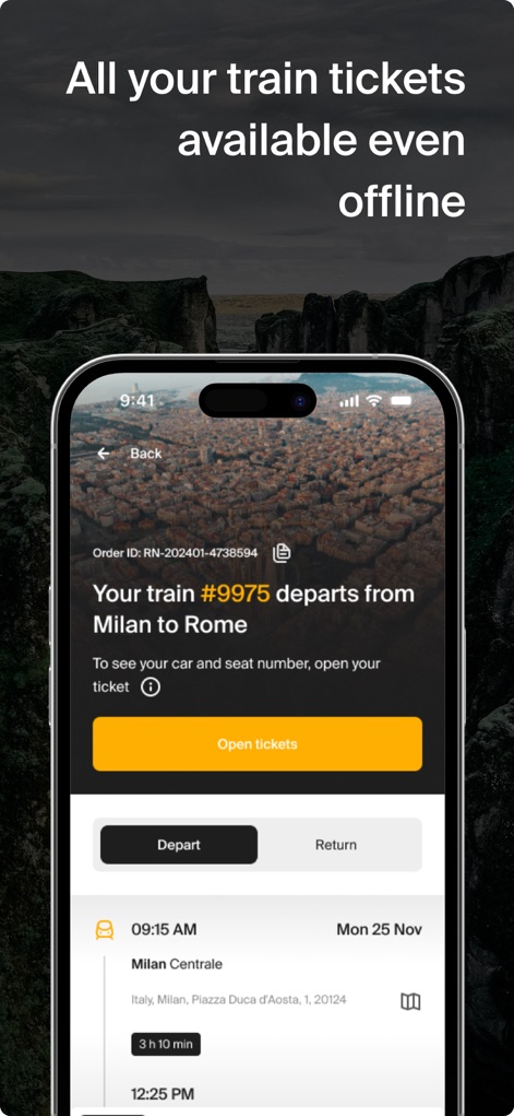 Rail Ninja: Train Tickets - この画面では、ユーザーは購入したすべてのチケットの詳細を簡単に確認でき、旅の計画をサポートします。チケットには注文ID（例：RN-202401-#4738594）と列車番号（例：#9975）が明記され、出発時刻と出発駅（例：Milan Centrale）といった重要な情報が一目で把握できます。チケットはアプリ内に安全に保存され、オフラインでもアクセス可能なため、インターネット環境がない場所でも安心して利用できます。