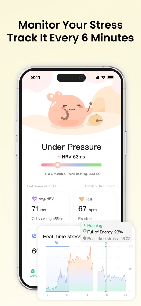 PulseBuddy AI: Stress Monitor - La aplicación proporciona una visión detallada del estrés con el estado "Under Pressure" y un "gráfico de tendencias de estrés en tiempo real", que se actualiza cada 6 minutos para una monitorización constante.