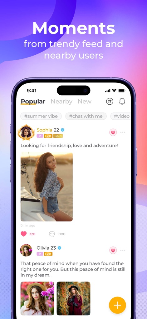 Meete - Meet New Friends - Delve into the app's vibrant "Moments" feed, featuring user-generated photos and posts alongside trending hashtags, fostering community interaction and expression.