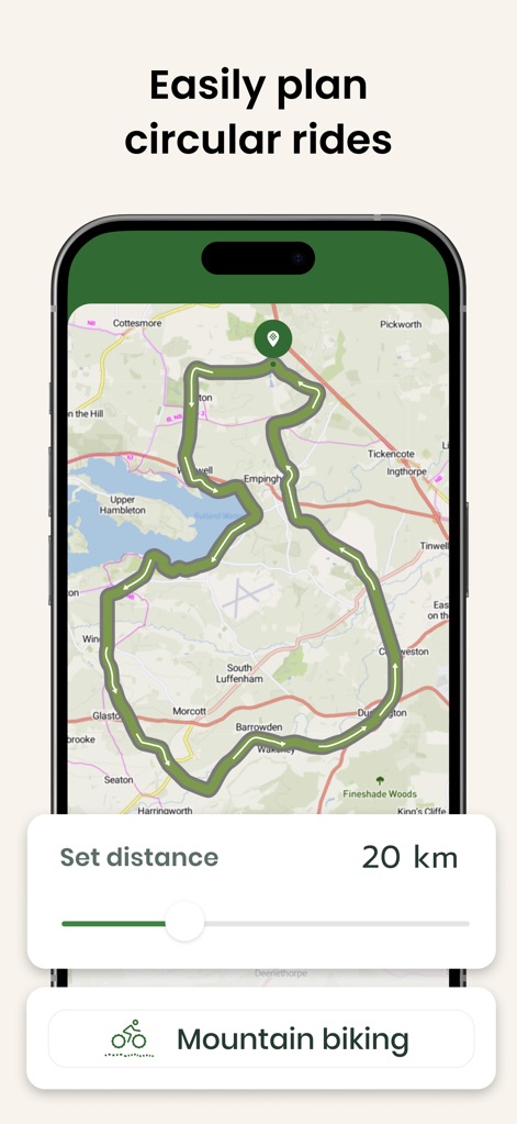 Cyclers: Bike Route Planner - La aplicación permite planificar fácilmente rutas circulares, ofreciendo un trazado de ruta circular claro en el mapa y un práctico selector de distancia.