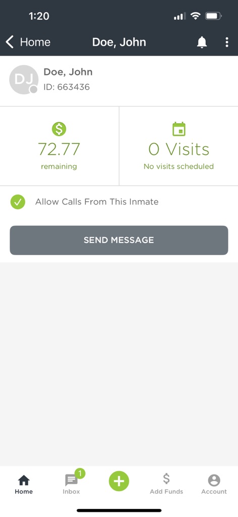 HomeWAV - This screen details an inmate's current financial status with a clear 'remaining funds' balance and shows scheduled visit information, such as '0 Visits scheduled'.