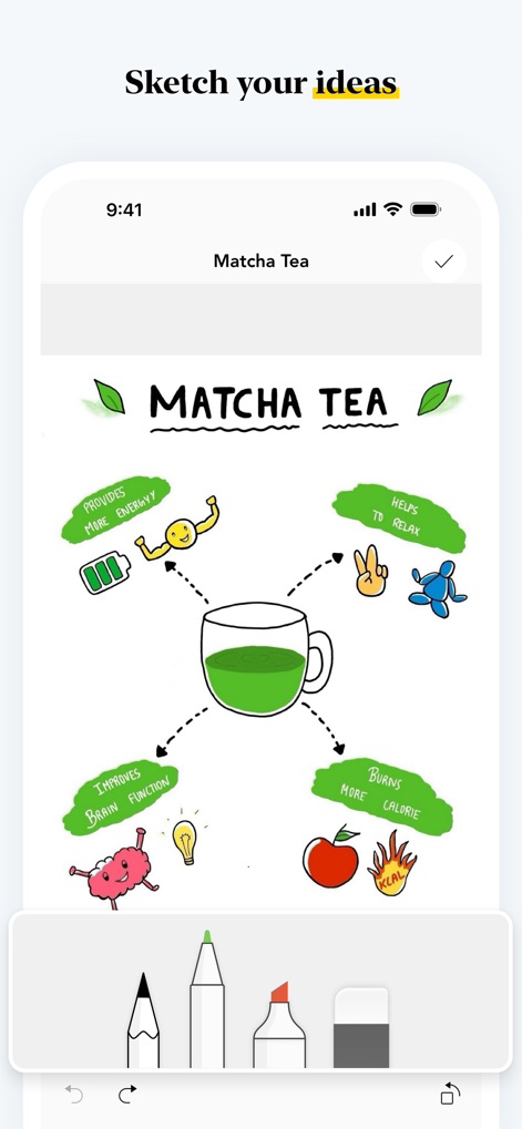 Notebook – Notes, Notepad - Com a funcionalidade de desenho, esta ferramenta oferece uma tela em branco para esboçar ideias como um diagrama explicativo do 'Matcha Tea', complementado por uma paleta de ferramentas de desenho na parte inferior.