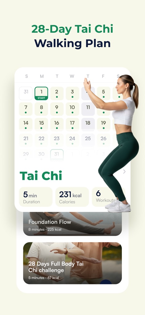 ZenFit: Tai Chi for Beginners - 이 앱은 달력 기반의 28일 태극권 걷기 계획을 명확하게 제시하며, 각 세션의 운동 시간과 예상 칼로리 소모량을 한눈에 확인할 수 있도록 돕습니다.