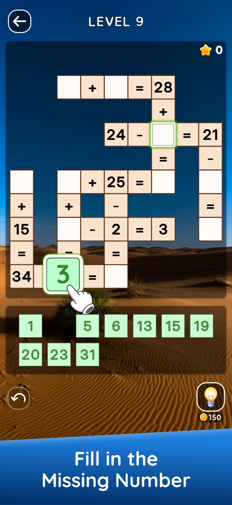 Zen Math Crossword - This tool presents an interactive math crossword grid where users fill in missing numbers using the convenient number selection tray provided at the bottom.