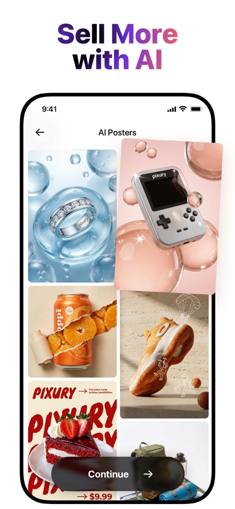 AI Product Video & Ad - Pixury - This tool helps users 'Sell More with AI' by presenting a gallery of eye-catching AI-generated posters and diverse product showcases, from jewelry to food, optimized for marketing.