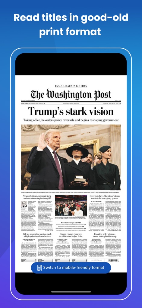Magzter: Magazines, Newspapers - Users can enjoy the classic "good-old print format" of newspapers, precisely mirroring the physical layout, with an easy option to "Switch to mobile-friendly format" for optimized viewing.
