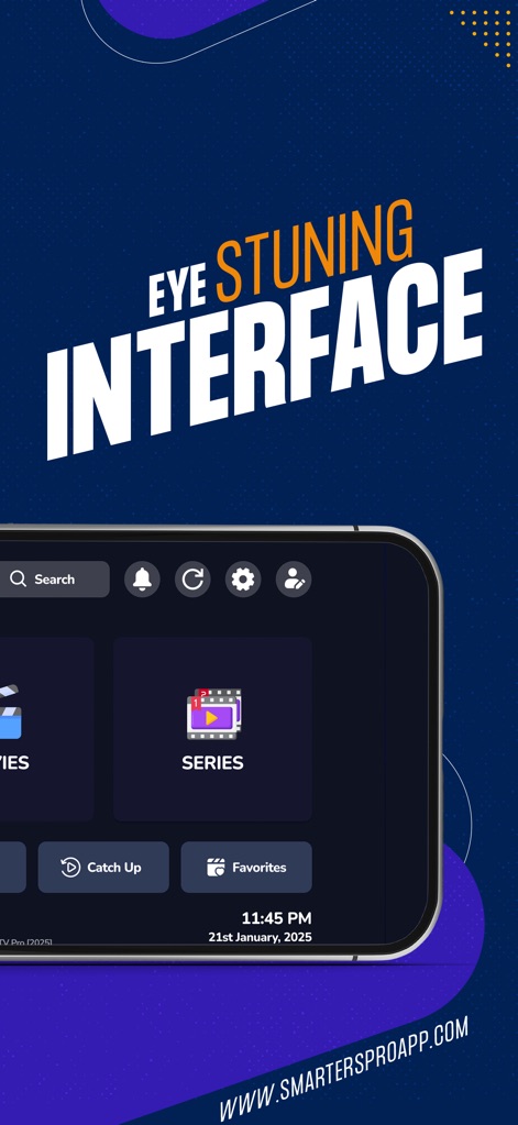 Smarters IPTV Pro - Esta visualização demonstra uma interface moderna com seções dedicadas a "Movies" e "Series", e um ícone de "Search" facilmente acessível para encontrar conteúdo.