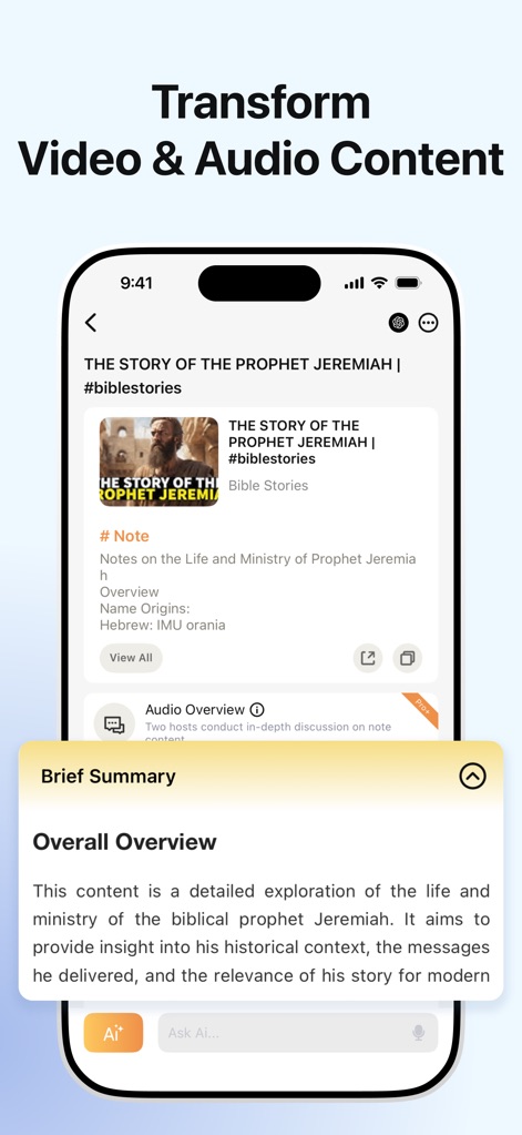 AI Notebook: Smart Note Taker - Observe the app's capability to transform complex video and audio into digestible formats, providing a 'Brief Summary' and a clear content overview.