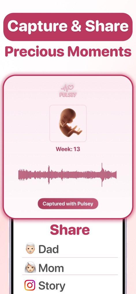 Pulsey: Hear My Baby Heartbeat - O aplicativo permite visualizar o áudio capturado através de uma representação de forma de onda e oferece diversas opções de "Share" para compartilhar com entes queridos ou em mídias sociais.