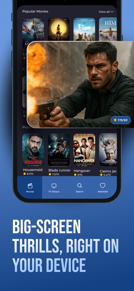 MyFlixer: Watch Movies,TV Show - Immerse yourself with a dynamic movie detail screen showcasing thrilling action shots and navigate seamlessly using the intuitive bottom navigation bar to switch between content types.