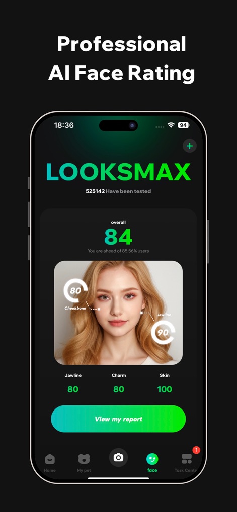 AnimalFace - looksmax ai score - The app offers a "Professional AI Face Rating" for female users, showcasing scores for "Jawline" and "Skin" along with an overall attractiveness evaluation.