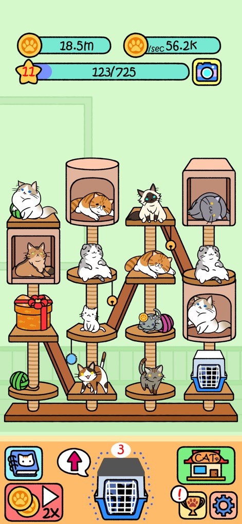 Cat Condo - O condomínio felino em expansão é notável, com múltiplos gatos ocupando diversos níveis e cubículos, e um ícone de transportadora de gatos no canto inferior indicando 3 novas adições.