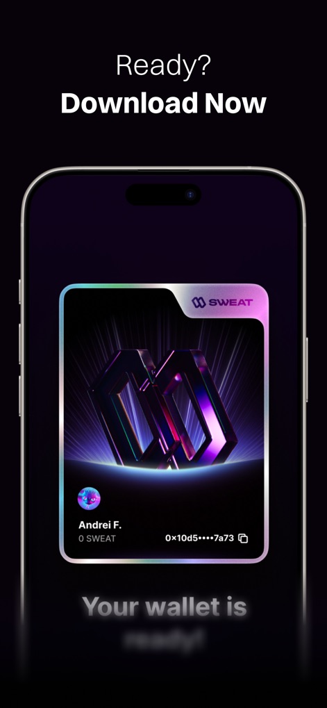 Sweat Wallet: Walk Into Crypto - La imagen final muestra una tarjeta digital con el logotipo de Sweat y la frase 'Your wallet is ready!', simbolizando la preparación y accesibilidad de la billetera digital para los usuarios.