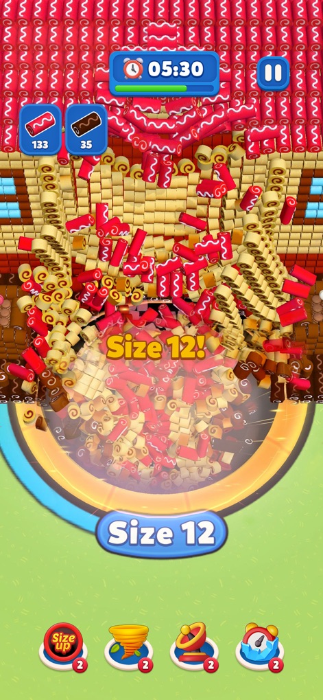 Ever Eater 3D - Esta captura impressionante destaca o buraco negro em sua forma "Size 12!", devorando uma enxurrada de rolinhos de biscoito coloridos em um espetáculo de absorção rápida.