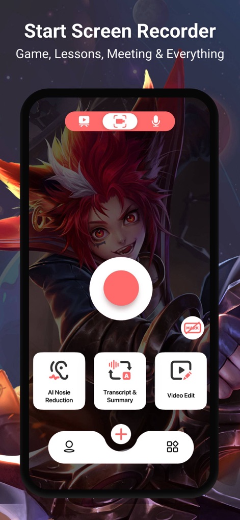 Screen Recorder，Video Recorder - La interfaz principal presenta controles claros para iniciar la grabación y acceder rápidamente a funciones clave como la 'Reducción de Ruido AI' y 'Edición de Video'.