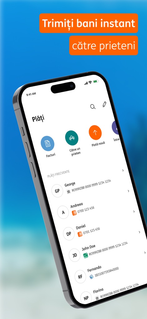 ING HomeBank - L'application simplifie les transferts d'argent instantanés vers les contacts, affichés sous forme de liste d'amis avec des icônes d'action rapide pour envoyer et demander des paiements.