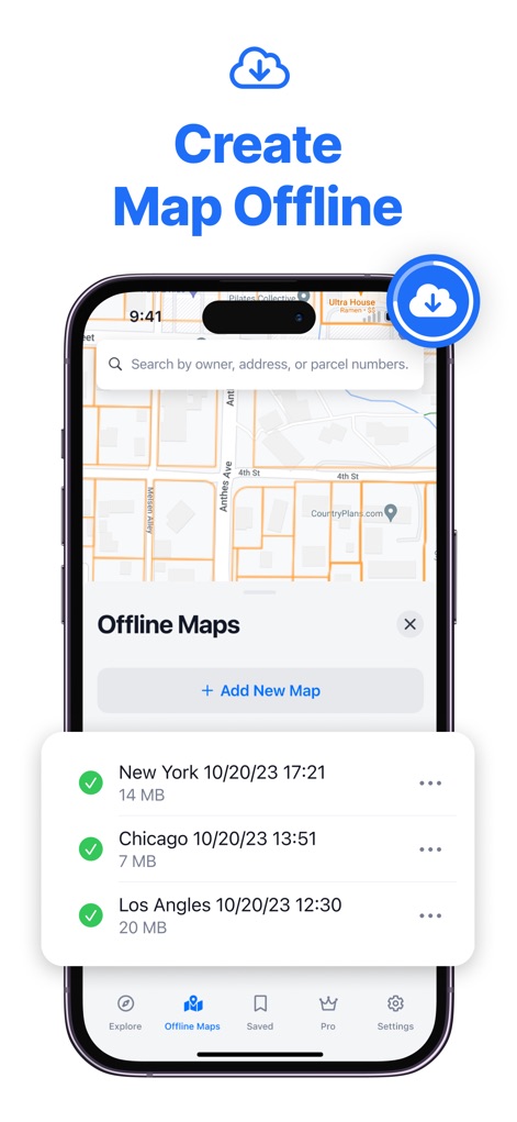LandMap Property Line Finder - Users can create and manage offline maps for various locations like New York and Chicago, ensuring access to parcel data even without an internet connection.