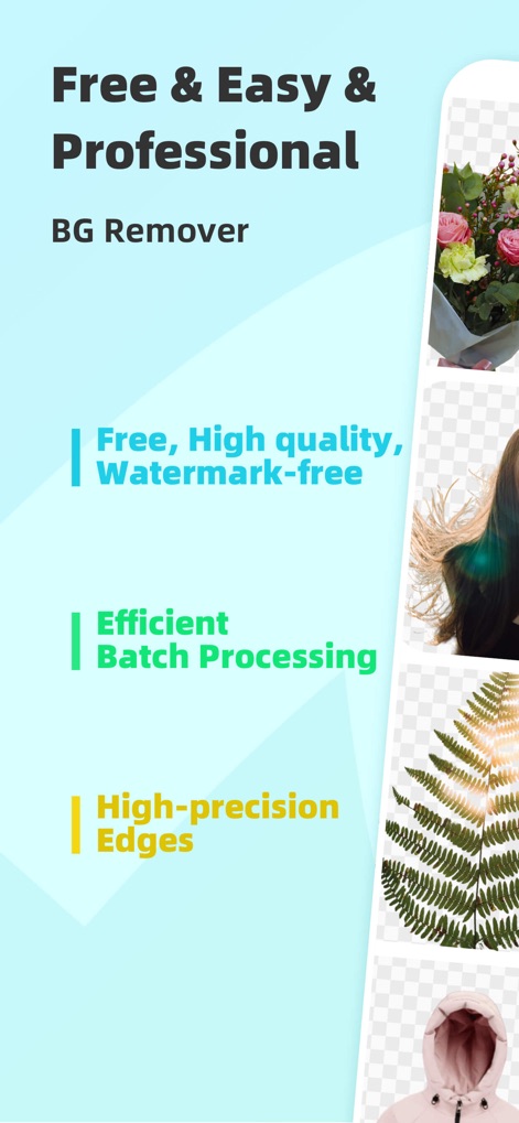 CocoAI - BG Remover - This initial view highlights the app's free, high-quality output and efficient batch processing capabilities through a dynamic image collage.